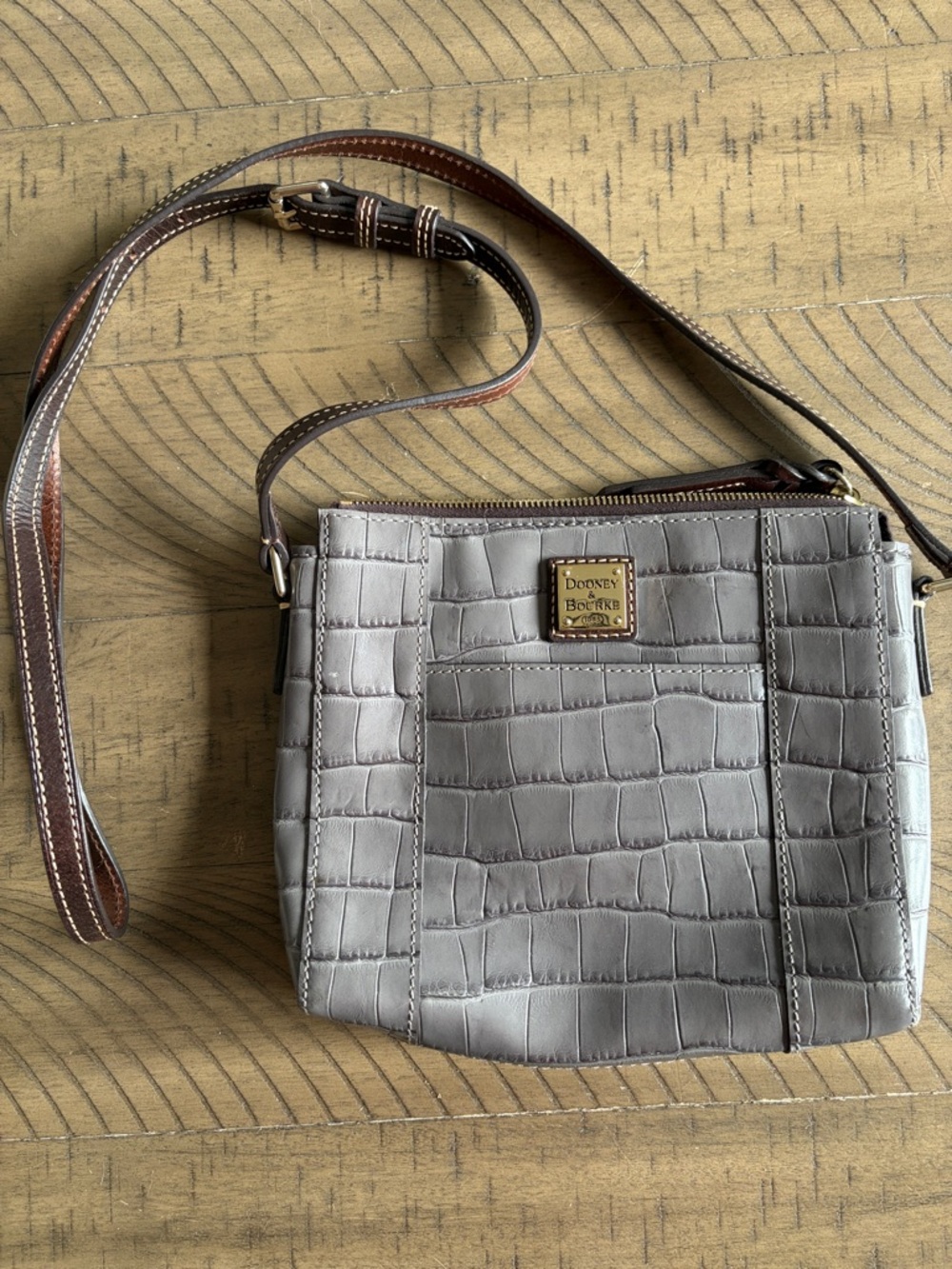 Dooney & Bourke Gray Croc-Embossed Leather Crossbody with Brown Strap